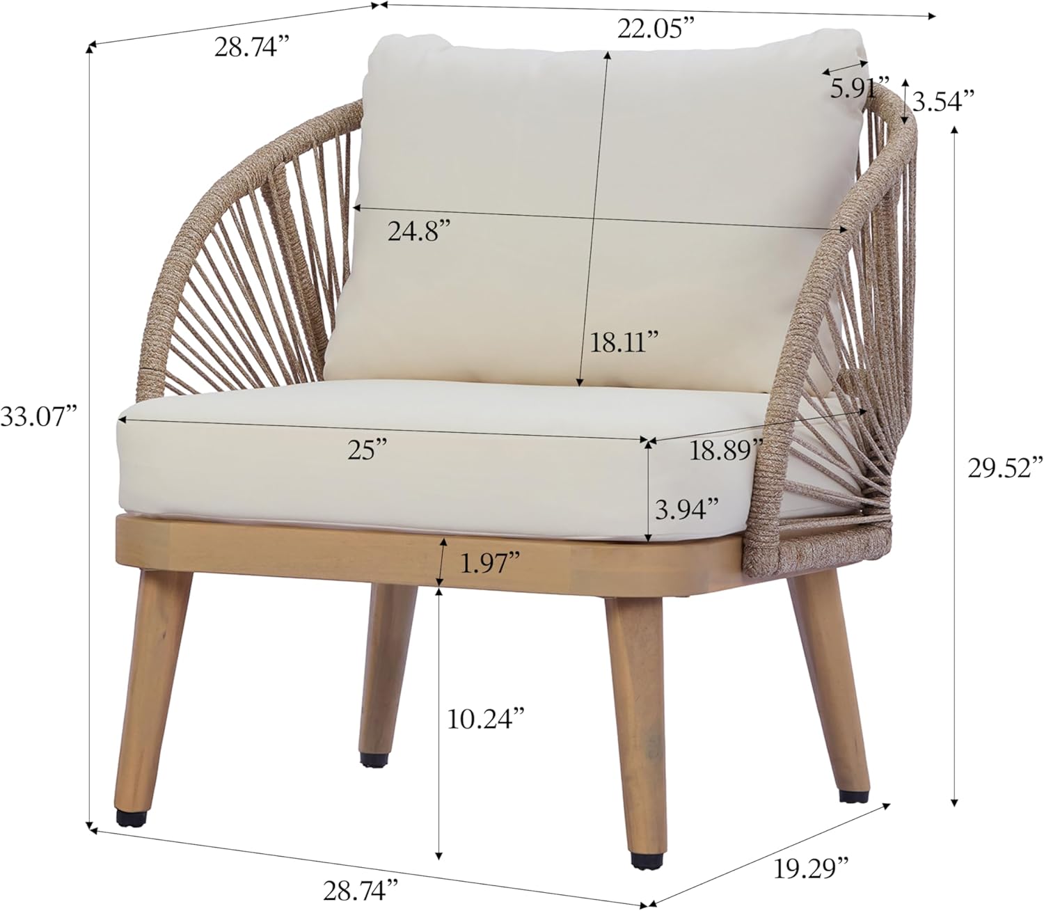 Christopher Knight Home Lydia Boho Patio Furniture Acacia Wood Club Chair, Outdoor Lounge Chair, Modern Tub Accent Chair with Rope Woven and Removable Cushions, Deep & Sturdy Seating, Natural+Beige