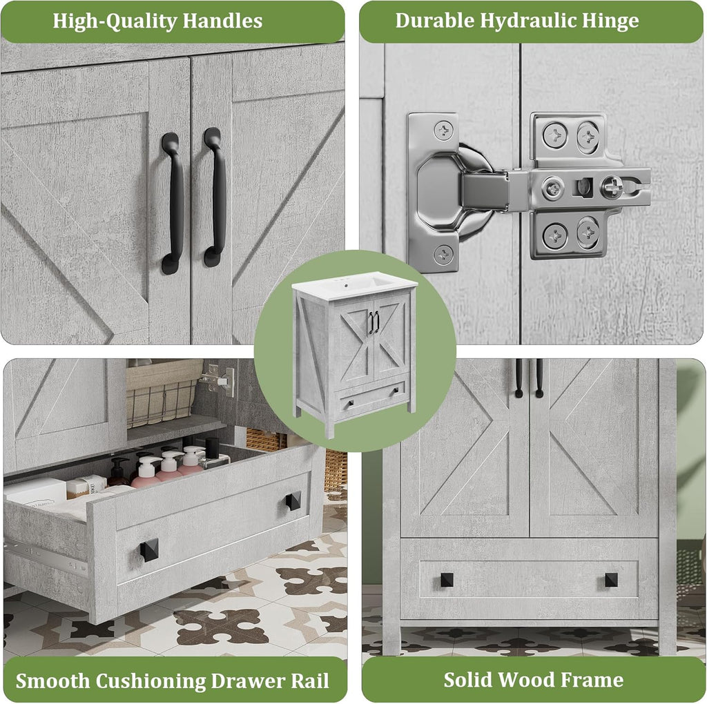 GarveeHome 30 inch Vanity with Ceramic Sink, Modern Bathroom Vanity with 2 Doors and 1 Storage Drawer, Freestanding Bathroom Cabinet with Contemporary Design for Your Bathrooms, Grey