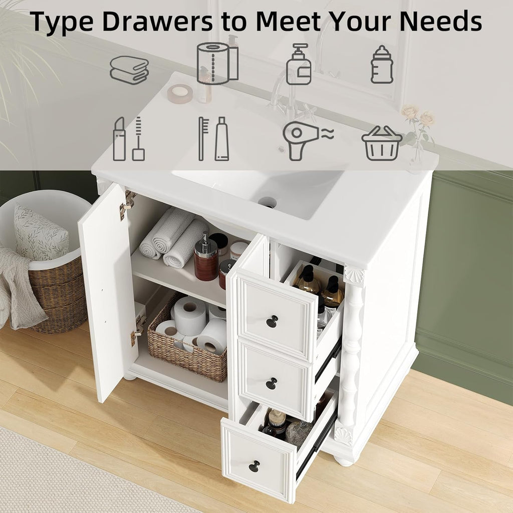 ONBRILL Bathroom Vanity with Sink Combo, Modern Bathroom Vanities with Adjustable Shelf, 4 Solid Legs, 2 Drawers, 2 Doors, Ceramic Integrated Sink, Freestanding Bath Storage Cabinet (32", White)