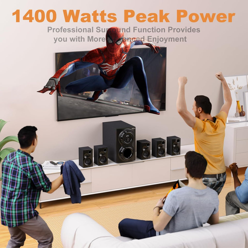 Bobtot Surround Sound Systems 1400 Watts Peak Power Home Theater Speakers - 12" Subwoofer Strong Bass 5.1 Wired Loud Stereo Audio System with ARC Optical Bluetooth Input for TV