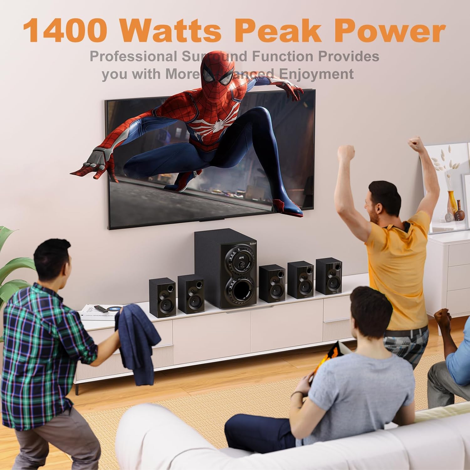 Bobtot Surround Sound Systems 1400 Watts Peak Power Home Theater Speakers - 12" Subwoofer Strong Bass 5.1 Wired Loud Stereo Audio System with ARC Optical Bluetooth Input for TV