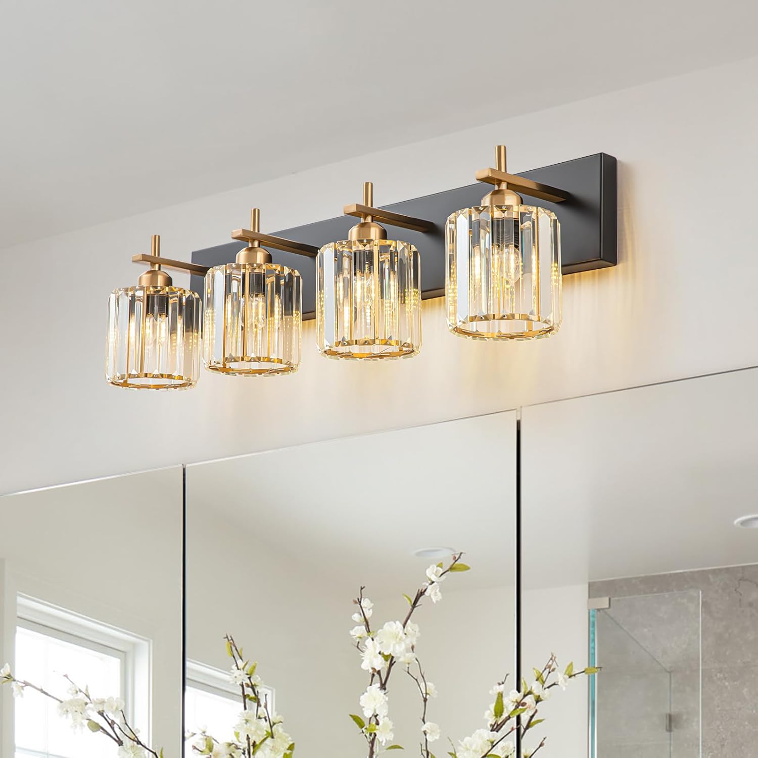 Black Gold Crystal Bathroom Vanity Light, Modern 4-Lights Bathroom Light Fixtures Over Mirror, Crystal Wall Lighting with Polished Gold Finish