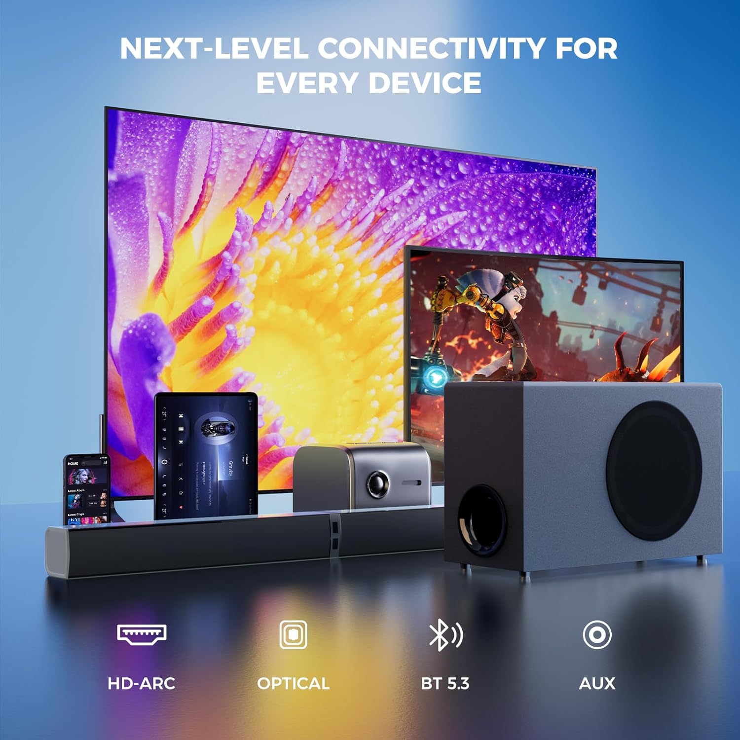 MZEIBO Sound Bar with Subwoofer, 120W Soundbar for Smart TV Bluetooth 5.0 Home Theater, Deep Bass Audio System with BT/ARC/Optical/AUX Connection for TV PC (31 Inch)