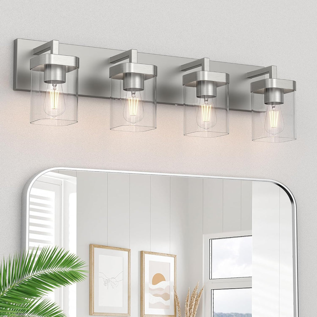 4-Light Bathroom Light Fixtures, Brushed Nickel Vanity Lights for Bathroom, Kitchen, Living Room, Modern Bathroom Vanity Lights with Clear Glass Shades