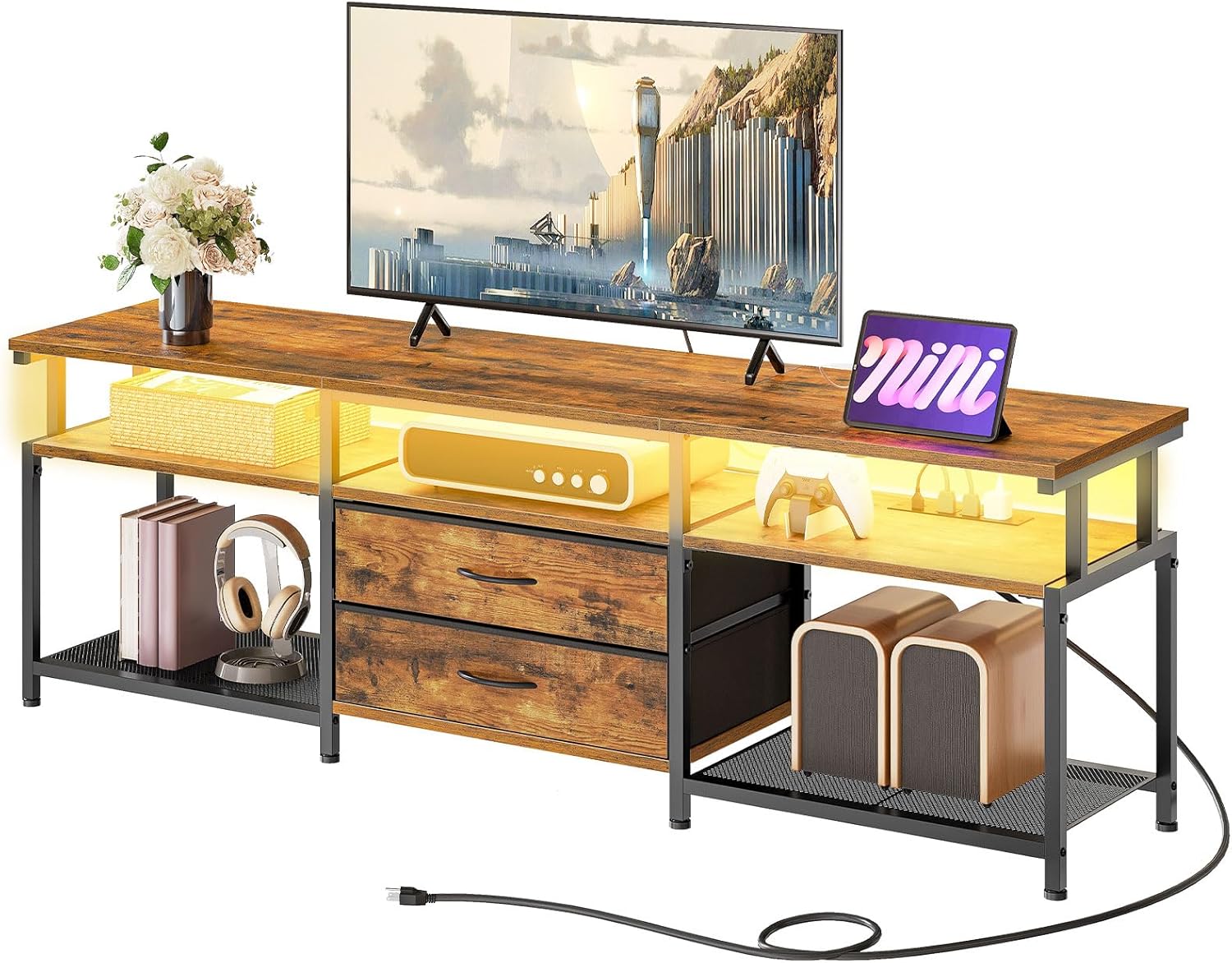 HOOBRO TV Stand with Power Outlet and LED Light, Entertainment Center for TVs Up to 75 Inch, Modern Media Console Table with 2 Non-Woven Drawers, for Living Room, Bedroom, Rustic Brown BF55UDDS01