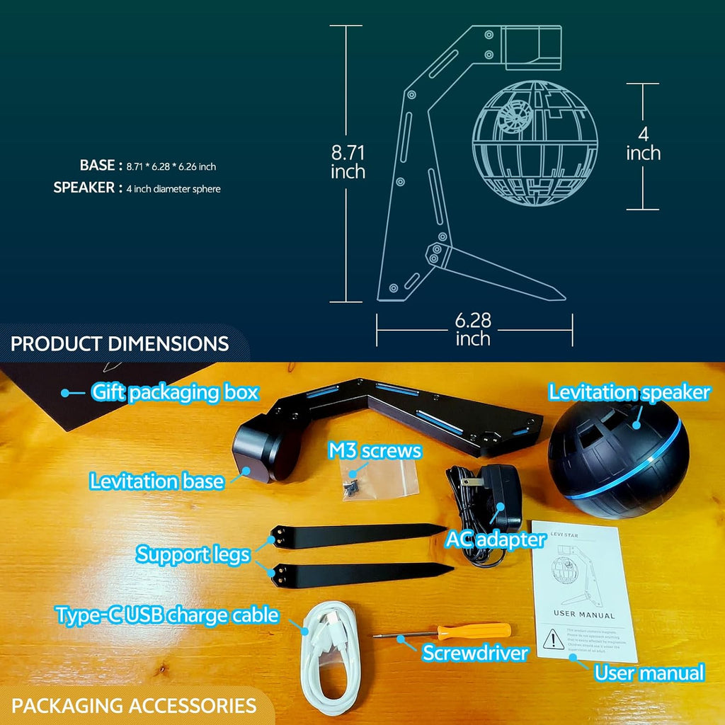 Magnetic Levitation Bluetooth Speaker, Aluminum Alloy Base, Floating & Spinning in air, 360° Surround Sound, Cool Sci-Fi Gadget for Men, Unique Home Office Desktop Decor