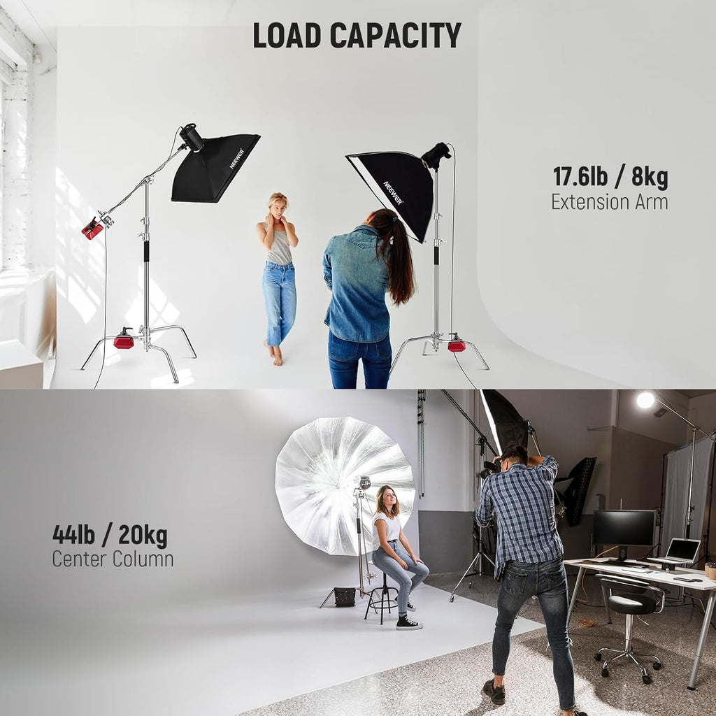 NEEWER Basics 100% Stainless Steel Heavy Duty C Stand with Boom Arm, Max 10.5ft/320cm Photography Light Stand, 4.2ft/128cm Holding, 2 Grip Heads for Studio Monolight Softbox Reflector, SC320 Lite