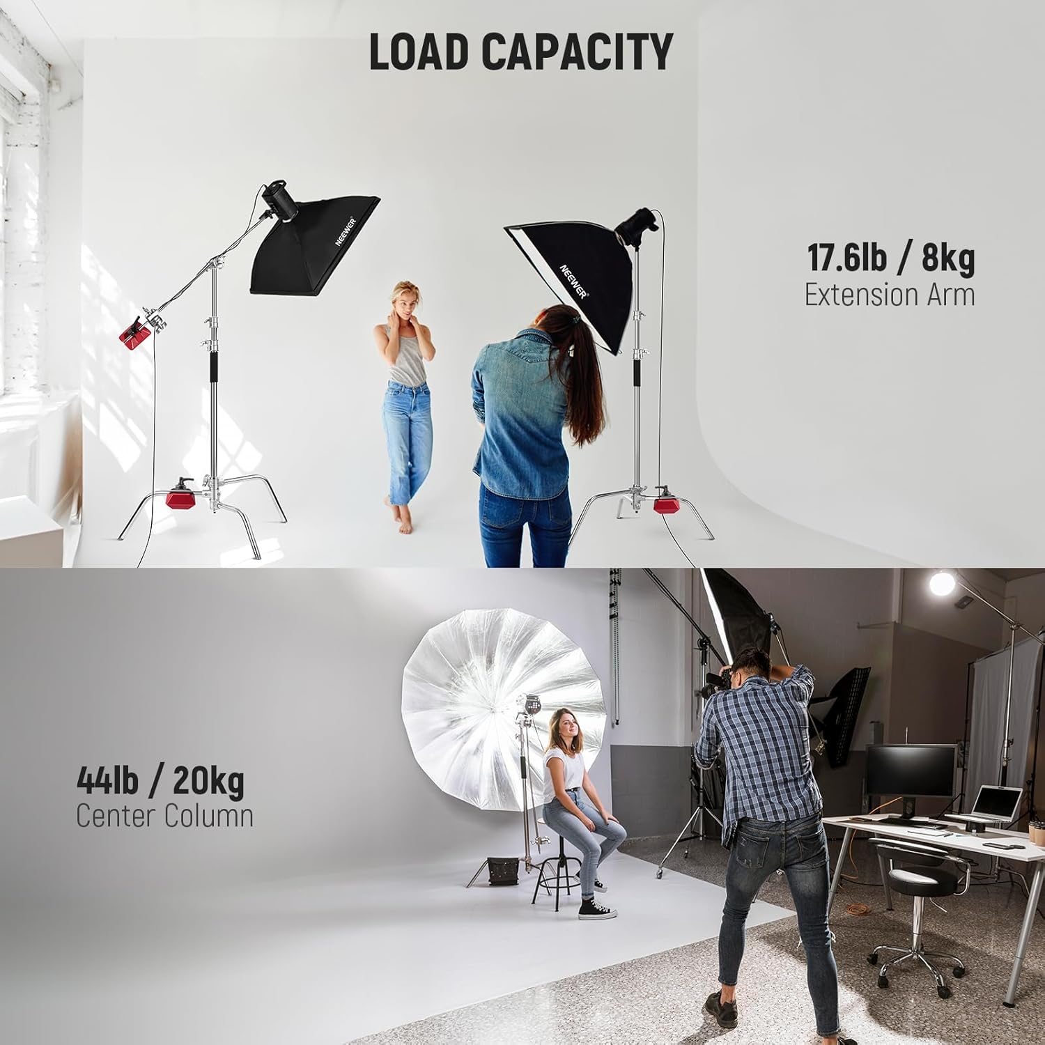 NEEWER Basics 100% Stainless Steel Heavy Duty C Stand with Boom Arm, Max 10.5ft/320cm Photography Light Stand, 4.2ft/128cm Holding, 2 Grip Heads for Studio Monolight Softbox Reflector, SC320 Lite