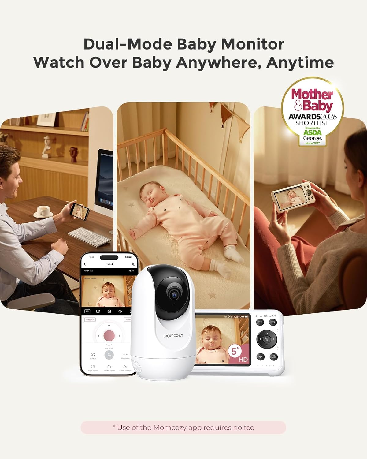 Momcozy Smart WiFi Baby Monitor with Camera and Audio, 5" 1080P Screen with Wall Mount, Motion & Cry Detection, Safe Fence,Clear Night Vision, 5000mAh Battery, 2-Way Talk, Photo & Video Recording,BM04