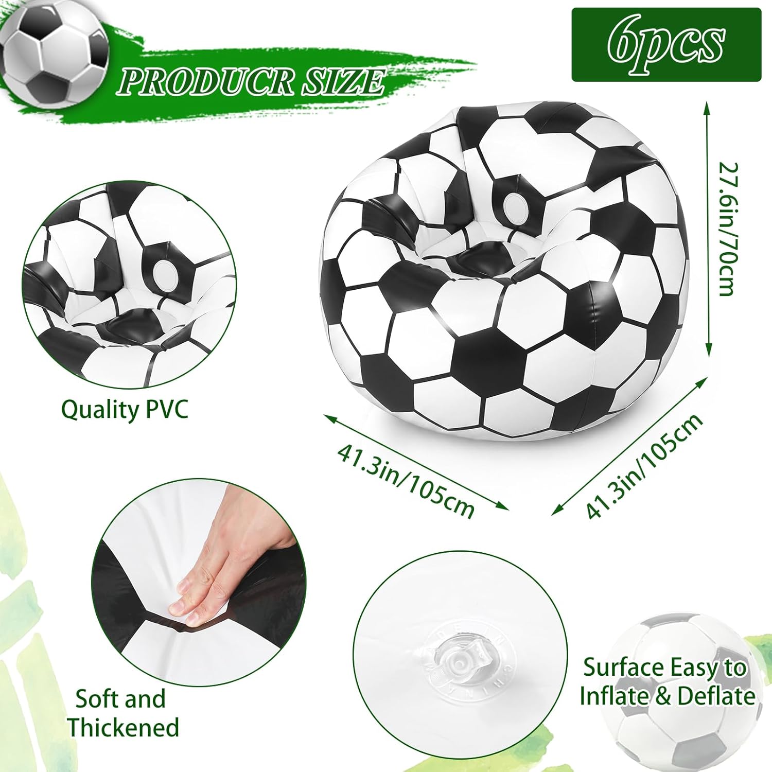 6 Pack Inflatable Soccer Bean Bag Chair 41 Inch Blow up Soccer Sofa with Foot Pump, Inflatable Bean Bag Chair for Adults, Portable Air Cushion Lounge for Outdoor Camping Party