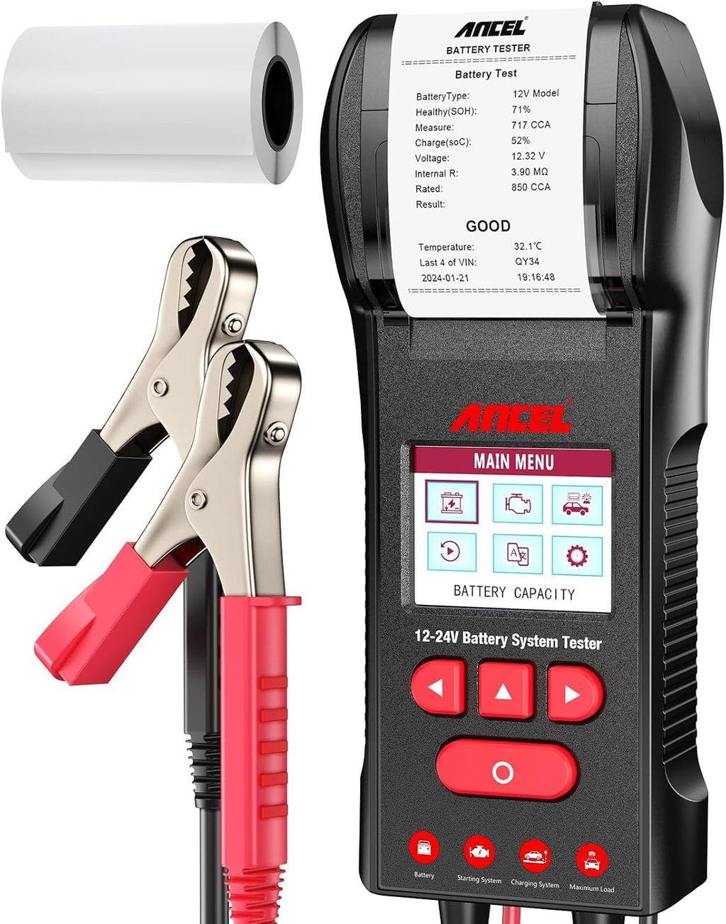 ANCEL BST600 Battery Tester with Printer, 12V 24V 100-2000 CCA Load Tester, Cranking Charging System Test for Cars, Heavy Duty Trucks, Marine, RV, SUV, Motorcycle