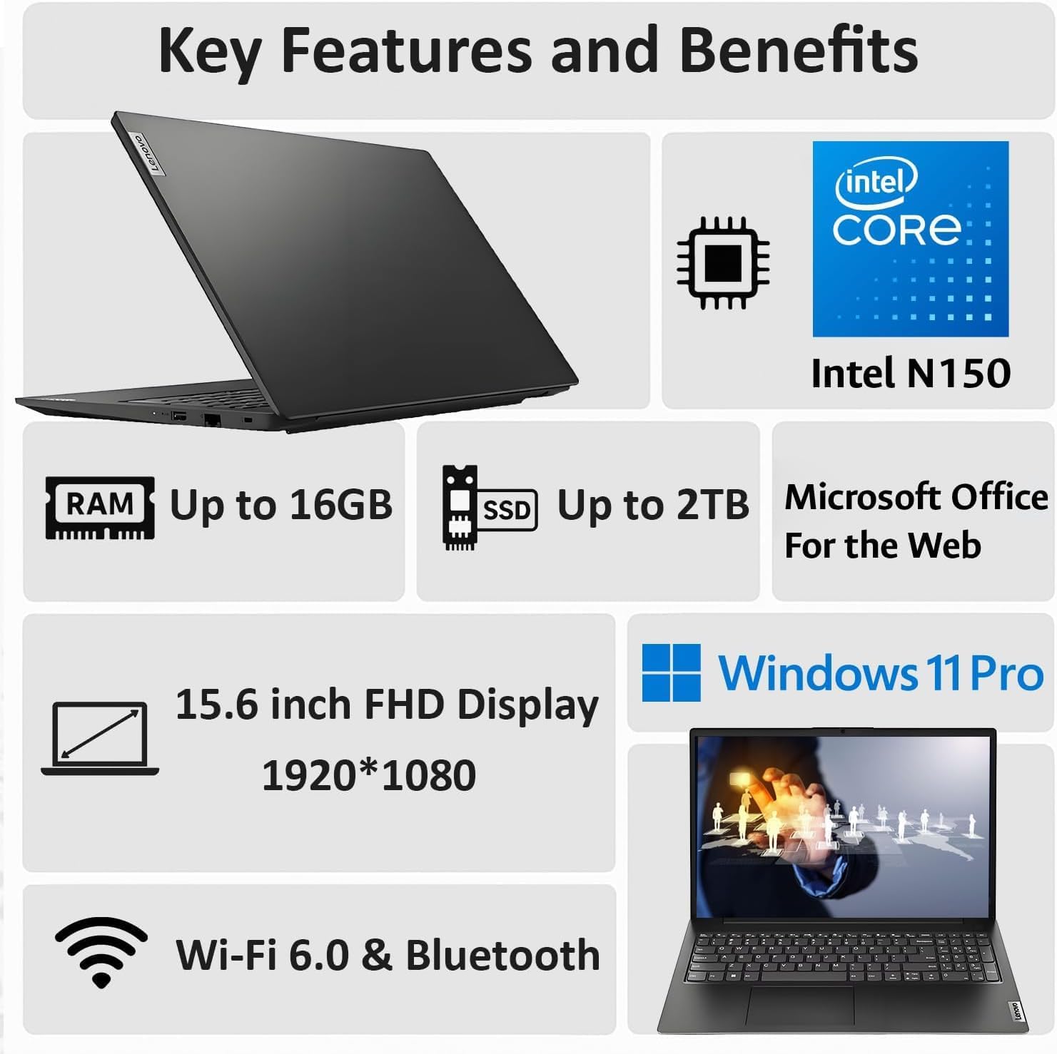 Lenovo 2026 Business Laptop with MS 365 for The Web, Intel Powerful Processor, 16GB DDR5, 256GB SSD, 15.6" FHD Display, Dolby Audio, HDMI, RJ-45, 10-Hour Battery Life, Windows 11 Pro