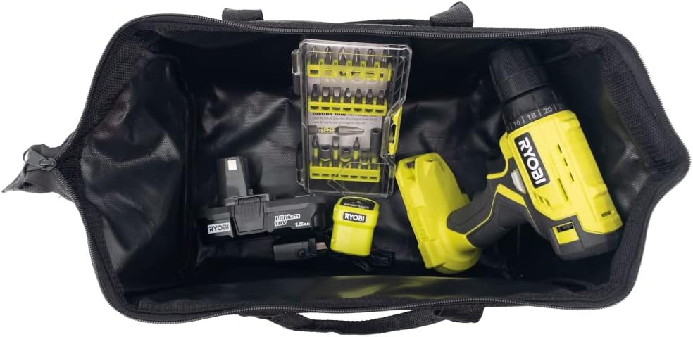 Cordless Drill Set Bundle with Ryobi 18V ONE+ Drill Driver, 3/8 Inch Chuck, 40 Piece Drill Bit Set, 1.5 Ah 18-Volt Lithium-ion Battery, 18-Volt Charger and Buho 16 Inch Tool Bag(PDD209KAR2038BUHO01)