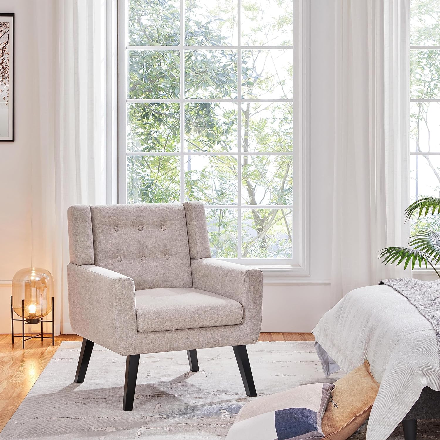 Yaheetech Accent Chair, Modern Button Tufted Armchair, Linen Fabric Sofa Chairs for Living Room Bedroom, Mid-Century Comfy Reading Chair, Beige