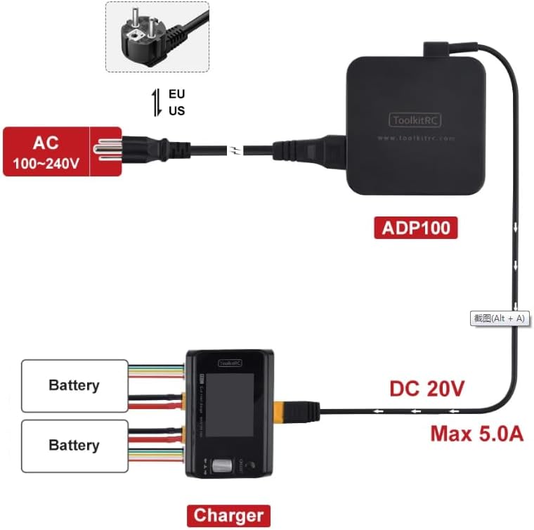 ToolkitRC M6D 15A x 2 DC Dual-Channel Output 1-6s Charger Discharger and ADP100 100w 20v 5A Power Supply Unit Set Sell, Black