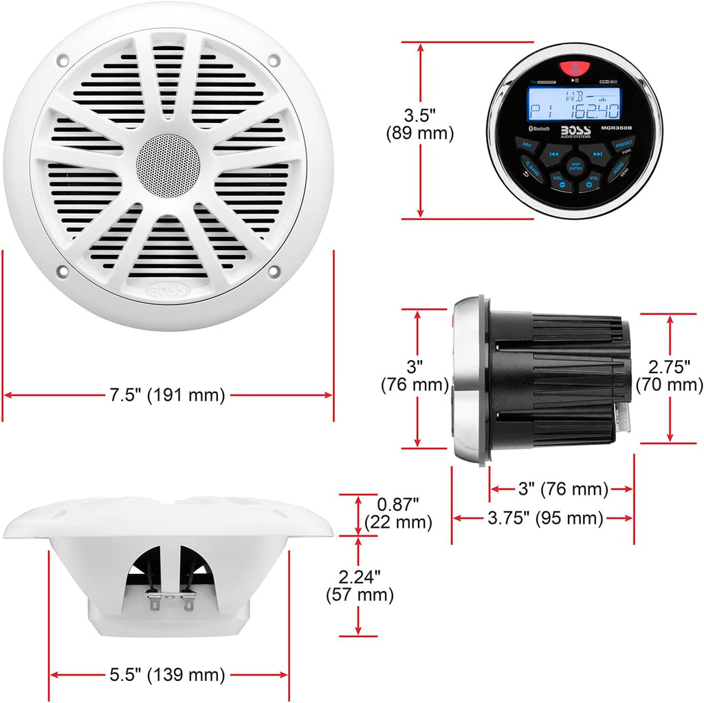 BOSS Audio Systems MCKGB350W.6 Weatherproof Marine Gauge Receiver and Speaker Package - IPX6 Receiver, 6.5 Inch Speakers, Bluetooth Audio, USB/MP3, AM/FM, NOAA Weather Band Tuner, no CD Player