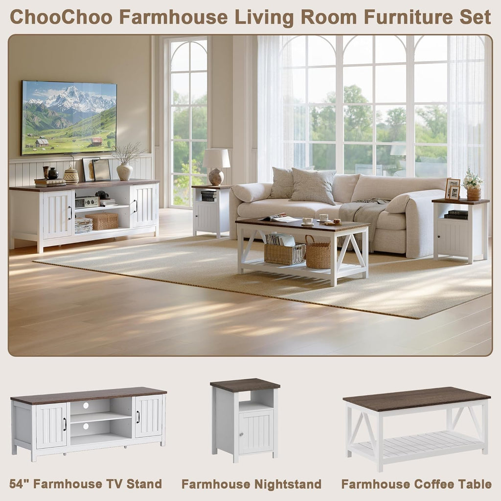 ChooChoo 54" Farmhouse TV Stand for TVs up to 65 inches, Entertainment Center with Storage Cabinets, Open Shelves and Fluted Door, TV Console Table for Living Room, Bedroom, White