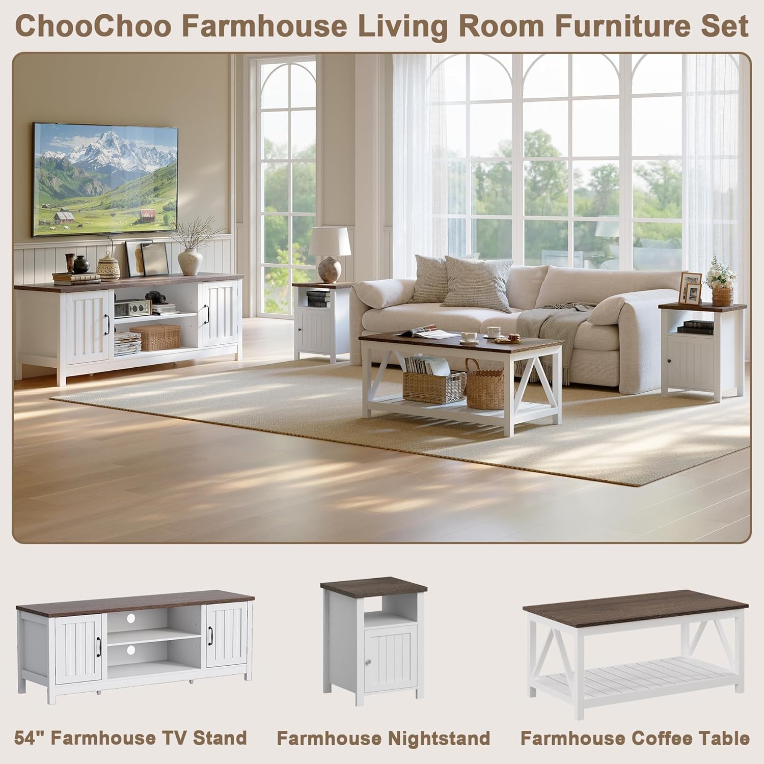 ChooChoo 54" Farmhouse TV Stand for TVs up to 65 inches, Entertainment Center with Storage Cabinets, Open Shelves and Fluted Door, TV Console Table for Living Room, Bedroom, White