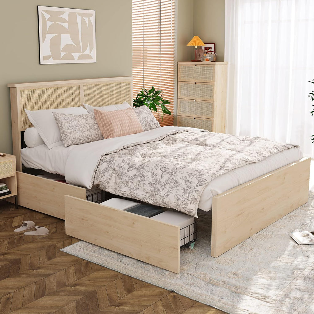 Yechen Full Bed Frame with Natural Rattan Headboard and Wooden 4 Storage Drawers, Light Oak Bedframe Metal Platform with Strong Wooden Slats Support, Bamboo Cane Beds, No Box Spring Needed