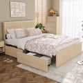 Yechen Full Bed Frame with Natural Rattan Headboard and Wooden 4 Storage Drawers, Light Oak Bedframe Metal Platform with Strong Wooden Slats Support, Bamboo Cane Beds, No Box Spring Needed