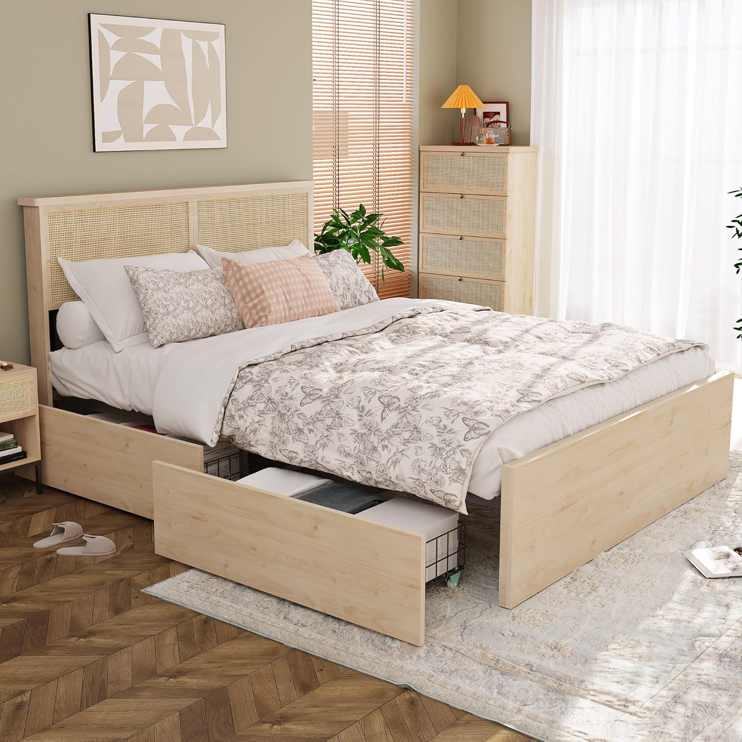 Yechen Full Bed Frame with Natural Rattan Headboard and Wooden 4 Storage Drawers, Light Oak Bedframe Metal Platform with Strong Wooden Slats Support, Bamboo Cane Beds, No Box Spring Needed