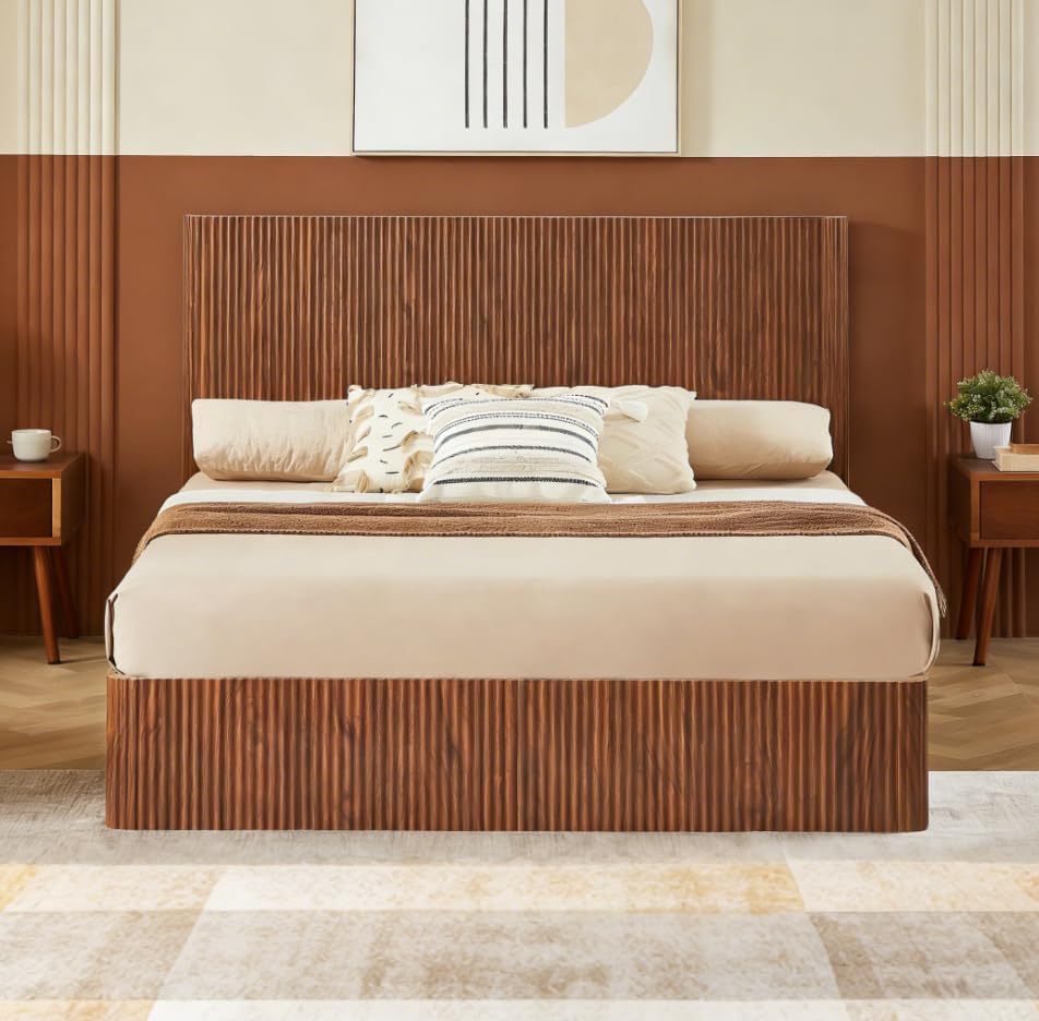Bellemave Queen Lift Up Storage Bed, Walnut Wood Lift Up Bedframe Queen, Wooden Corrugated Curved Lines, Hydraulic Storage,Walnut