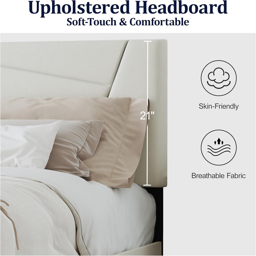 Full Size Bed Frame, Full Size Platform Bed Frame with Headboard, Upholstered Headboard, Sturdy Wooden Slats, Noiseless No Box Spring Required, Easy to Assemble, Beige