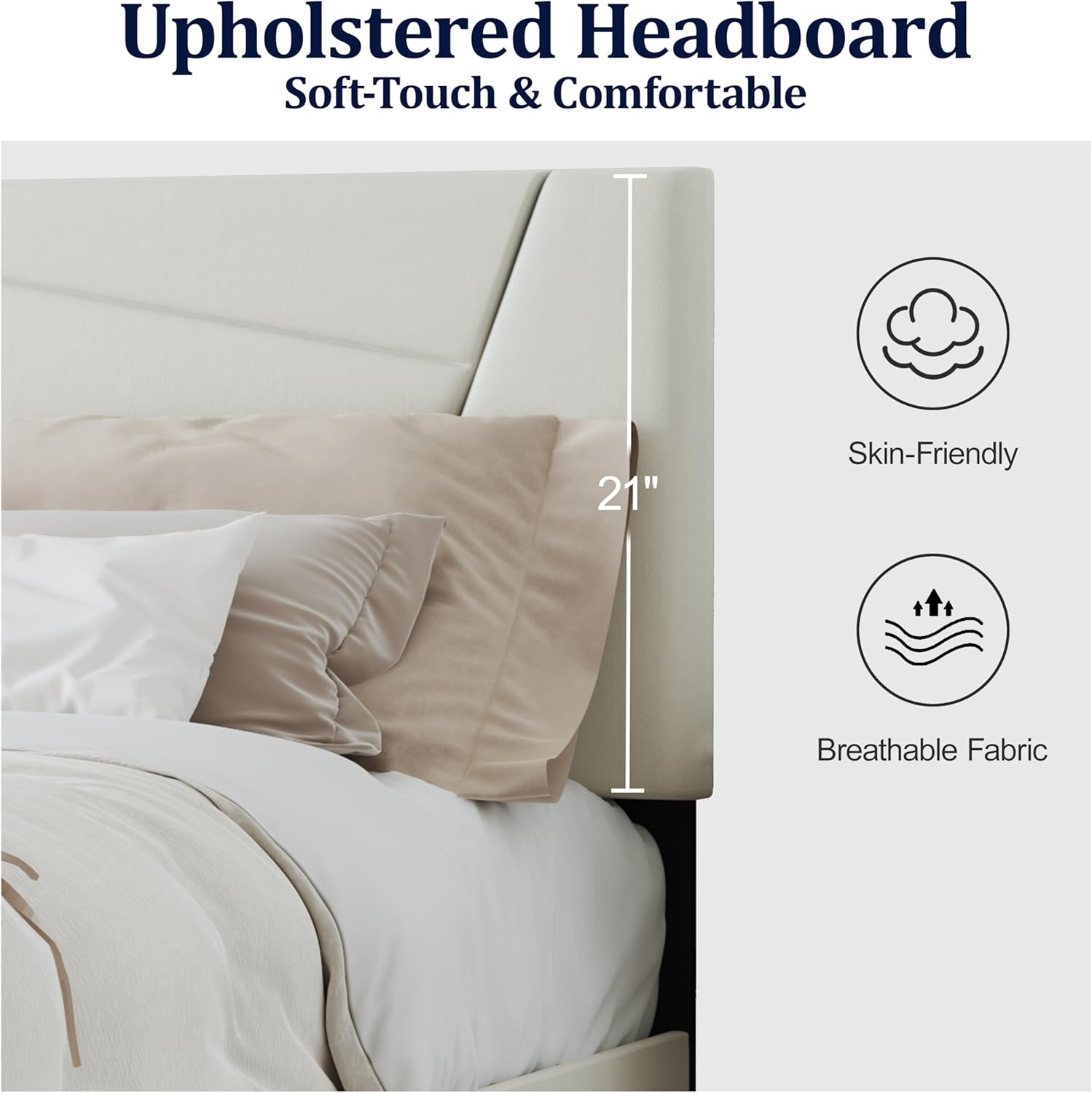 Full Size Bed Frame, Full Size Platform Bed Frame with Headboard, Upholstered Headboard, Sturdy Wooden Slats, Noiseless No Box Spring Required, Easy to Assemble, Beige