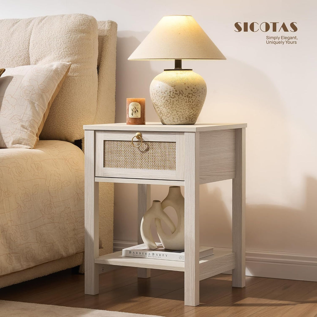 SICOTAS White Nightstand Set of 2,Rattan Decor Drawer with Brass Knobs Night Stand Bedside Table Boho End Tables Side Tables with Storage Shelf for Bedroom,Small Space