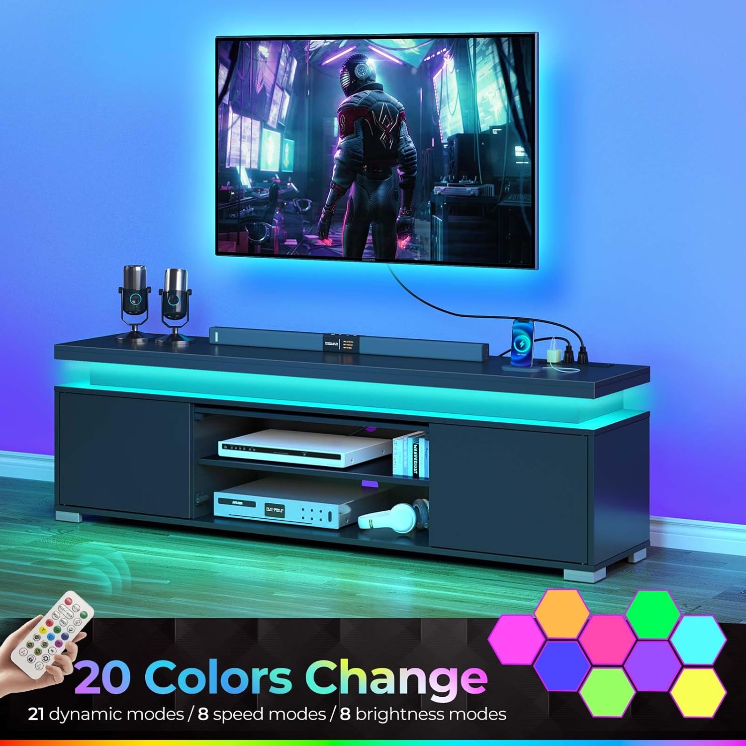 Rolanstar TV Stand with Power Outlet & LED Lights, Modern Entertainment Center for 32/43/50/55/65 Inchs TVs, TV Table, Universal Gaming LED TV Media Stand with Large Storage Cabinet, Black