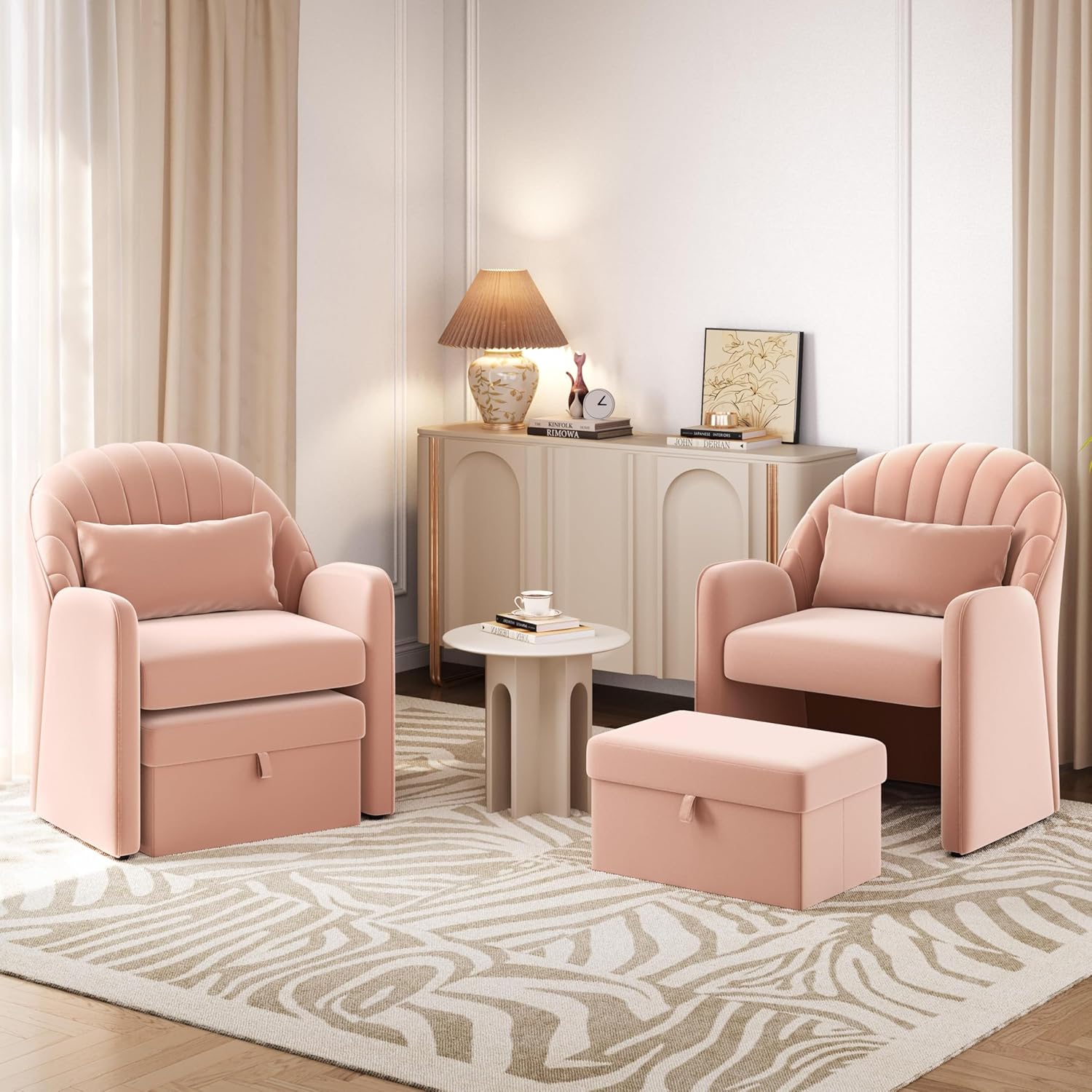 Yaheetech Small Barrel Accent Chair with Footrest Set of 2, Velvet Modern Comfy Cute Elegant Reading Chairs with Lumbar Pillow Storage Box for Living Room Bedroom, Pink Set of 2