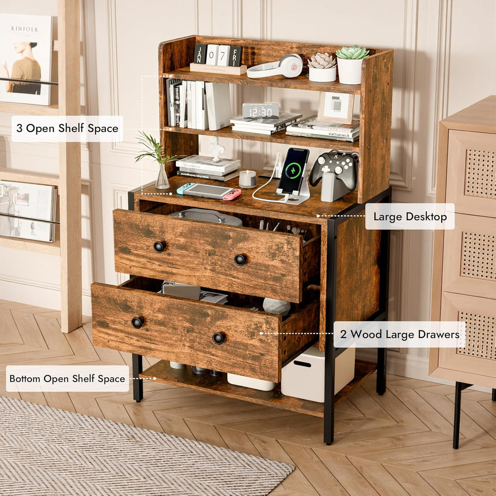 24 Inch Wide Night Stand, Large Wooden Night Stand with 2 Adjustable Drawes, Tall Nightstand with 4-Tier Shelves and Charging Station, Bedside Table for Living Room/Bedroom/Office, Retro.