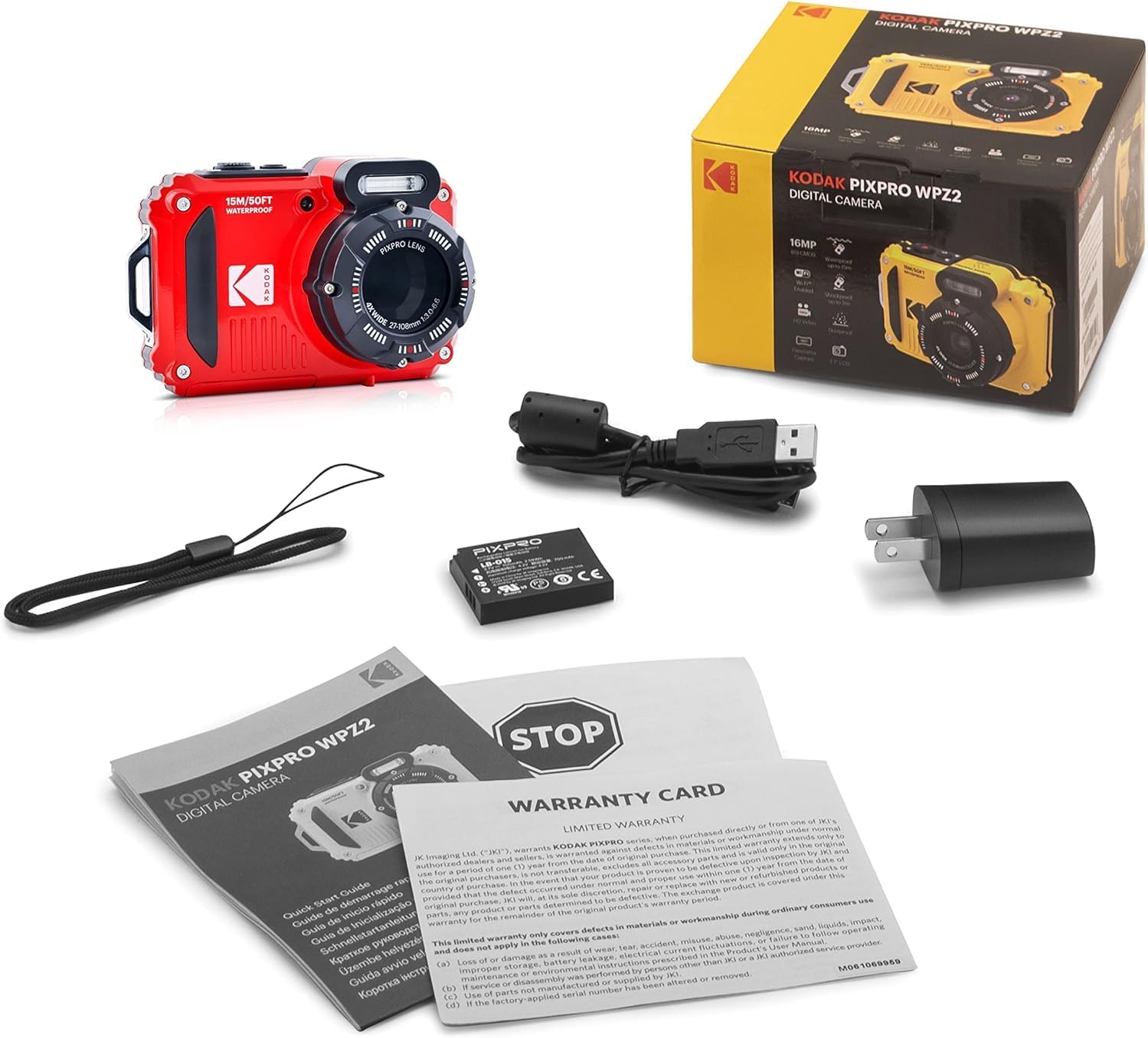 KODAK PIXPRO WPZ2 Rugged Waterproof Digital Camera, Red Bundles with Case, Monopod, Card Reader and More (9 Items)