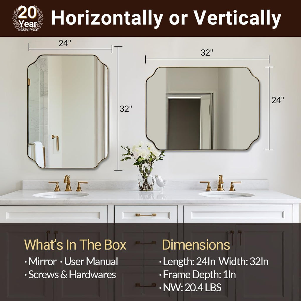 ANDY STAR Brushed Gold Mirror, 24"x32" Bathroom Vanity Mirror, Unique Rectangular Bathroom Mirror with Stainless Steel Metal Framed, Wall Mounted Decorative Mirror (Horizontal/Vertical)