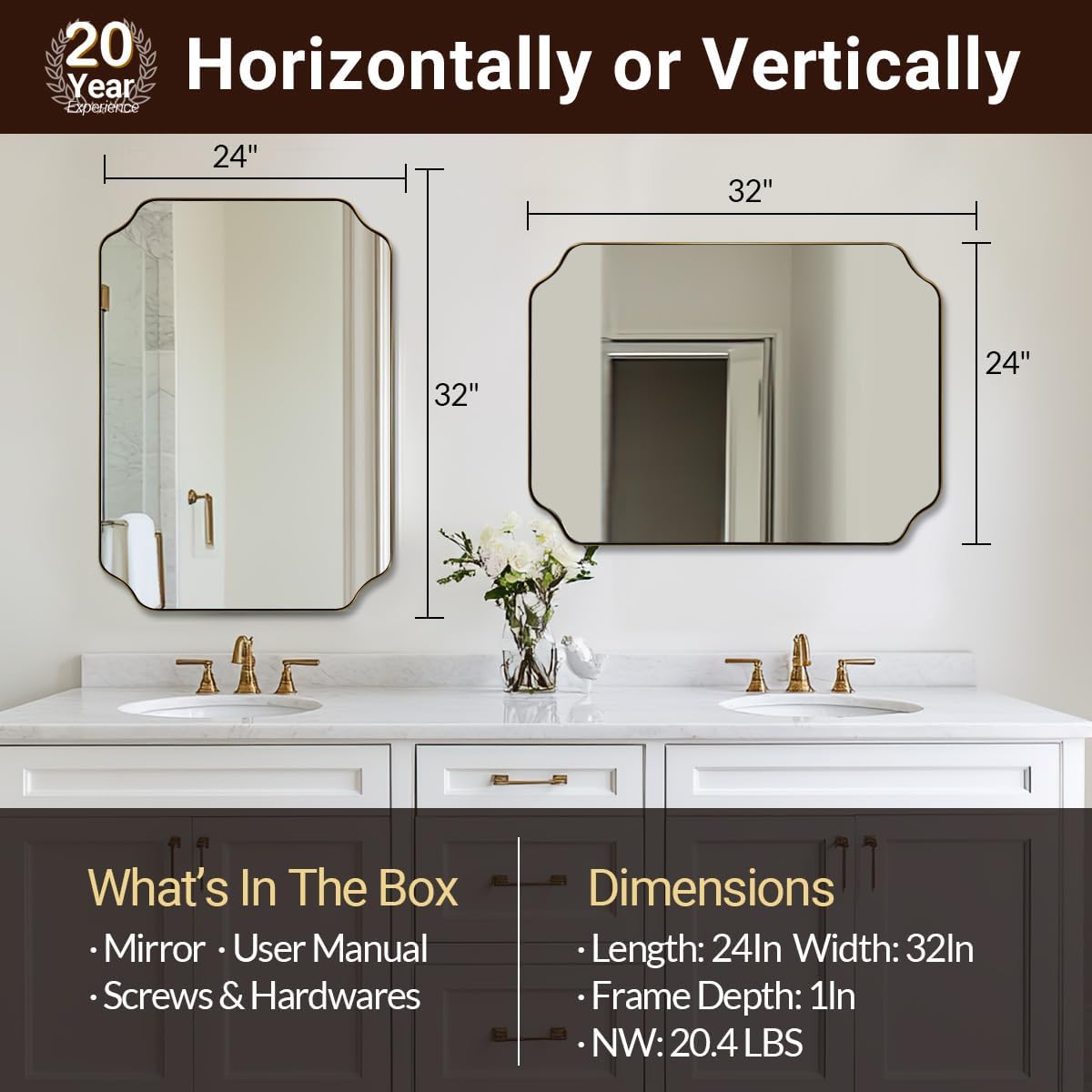 ANDY STAR Brushed Gold Mirror, 24"x32" Bathroom Vanity Mirror, Unique Rectangular Bathroom Mirror with Stainless Steel Metal Framed, Wall Mounted Decorative Mirror (Horizontal/Vertical)