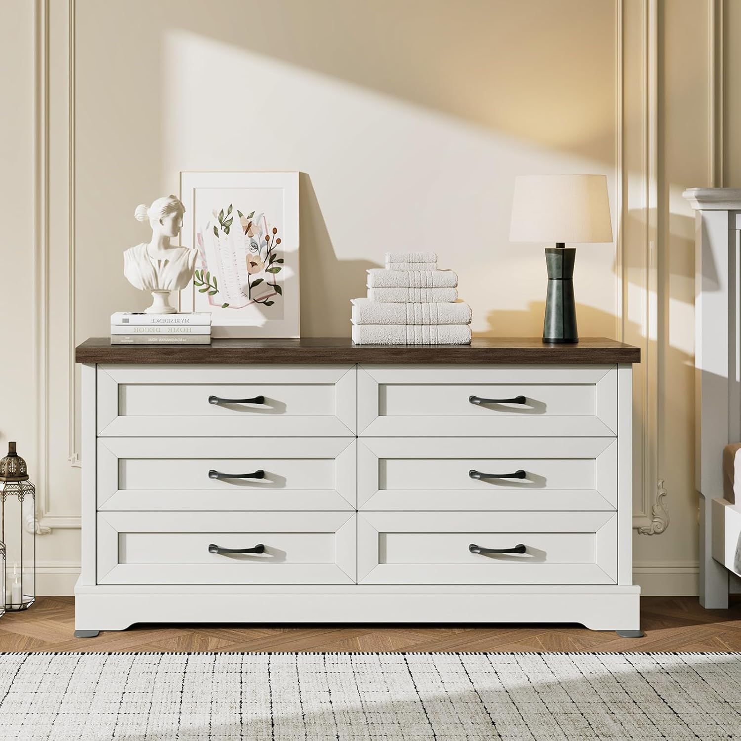 AODK Farmhouse 6-Drawer Dresser for Bedroom, Heavy-Duty Storage Chest with Extra Thick Boards & Metal Handles, Sturdy Chest of Drawers, Anti-Tipping Safety Certified, White & Walnut