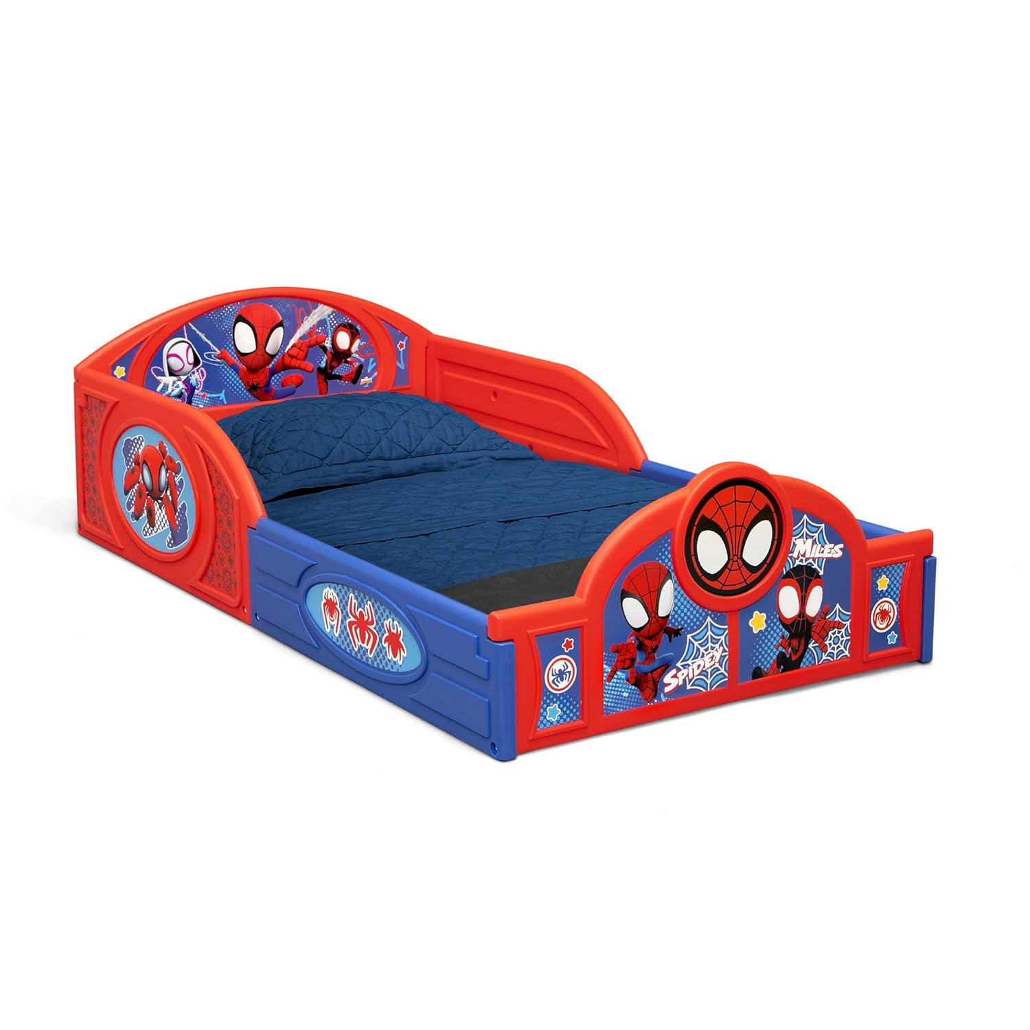 Delta Children - Marvel Spidey and His Amazing Friends 4-Piece Toddler Room-in-a-Box Set – Includes Sleep and Play Toddler Bed, Table, 1 Chair and Fabric Toy Box, Blue/Red