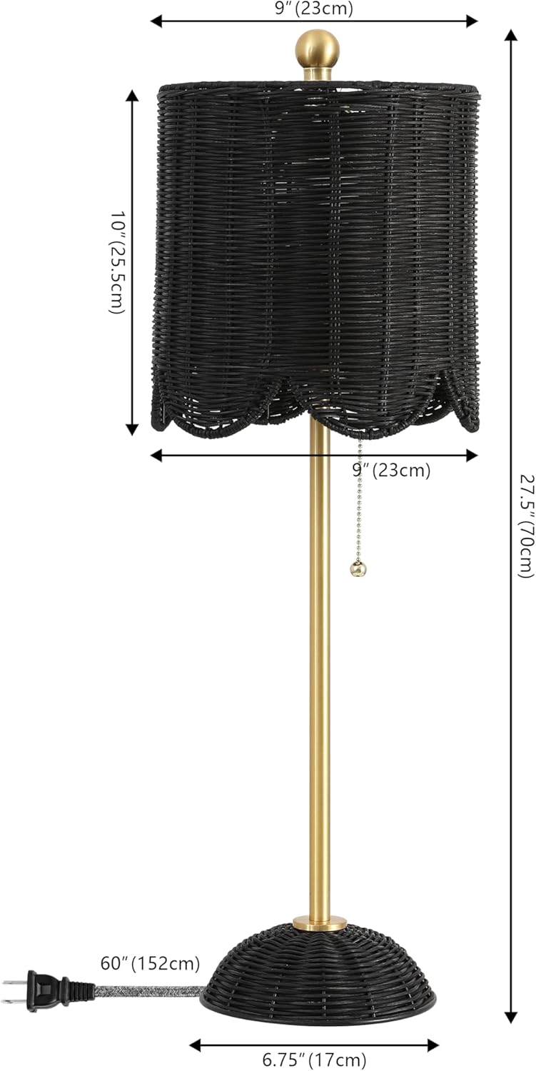 JONATHAN Y 27.5" Black/Brass Gold Coastal Buffet Table Lamp Set of 2 for Bedroom, Boho Table Lamps with Natural Rattan Scalloped Shade, Pull Chain, LED Bulbs Included (JYL1138C-SET2)