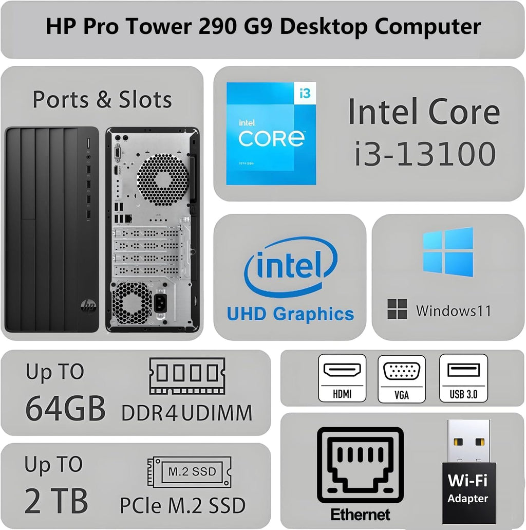 HP Desktop Computer Tower, 13th Gen Intel Quad-Core Processor, 8GB DDR4 RAM, 256GB SSD, Keyboard and Mouse, WiFi Adapter, Vga, Rj-45, Hdmi, Windows 11 Home, Office 365