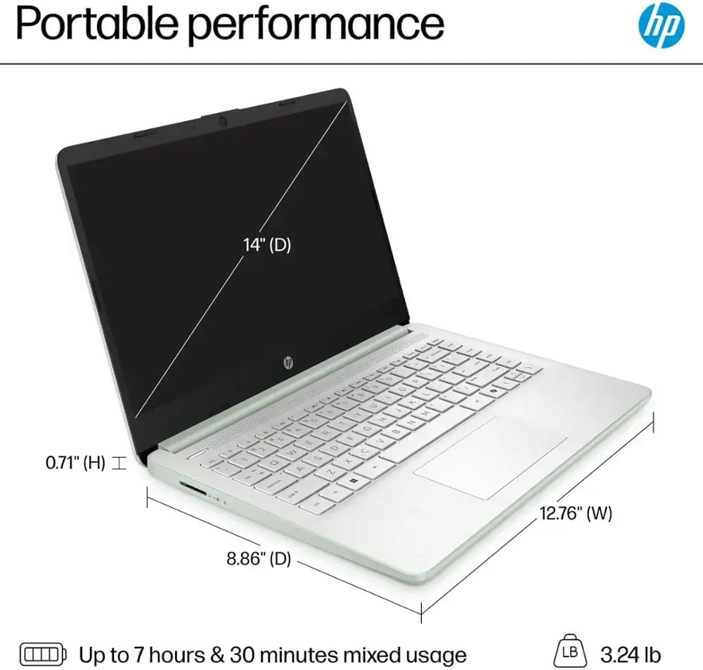 HP 14 Laptop Ultra Thin & Light, Intel N150 Quad-Core Processor, 8G RAM, 128GB SSD, HDMI, USB-C, WiFi 6, SD Card Reader, Microsoft Office 365 Included, Windows 11, Green, XtreDura Accessories