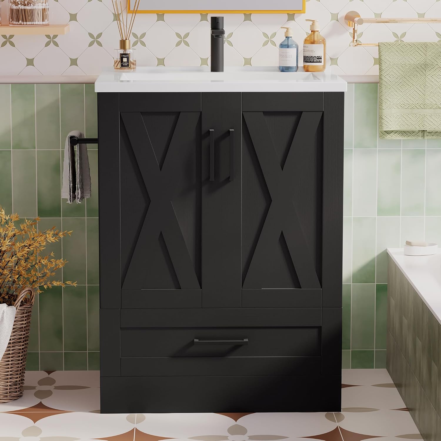 JUMMICO 24" Bathroom Vanity with Sink, Bathroom Storage Vanity Sink Cabinet with 2 Doors ＆ 1 Drawer Space, Farmhouse Wooden Free Standing Bathroom Cabinet with Sink Combo, Easy Assembly (Black)