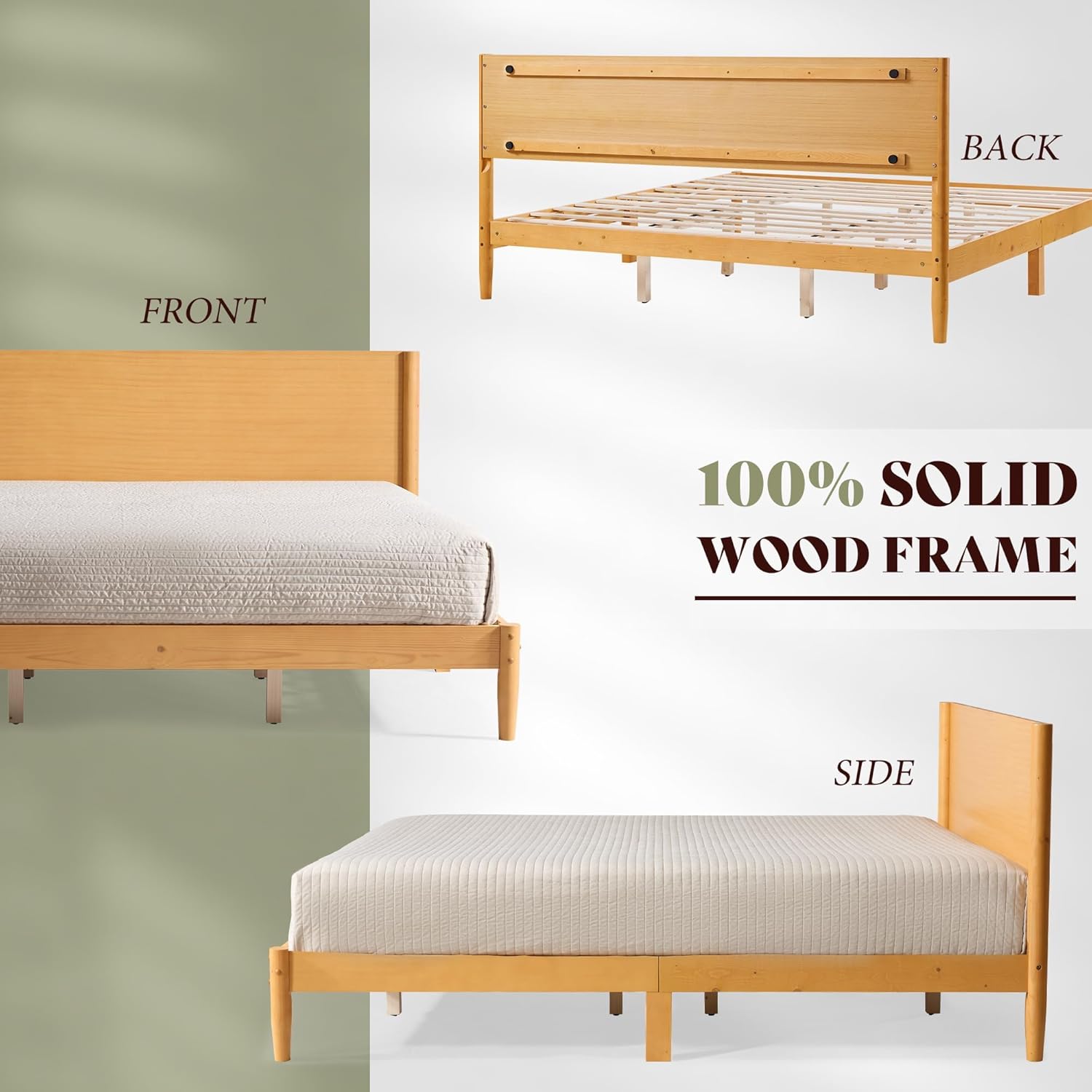 AMERLIFE Queen Solid Wood Bed Frame, Mid Century Modern Platform Bed with Full Panel Headboard, Wooden Bedframe with Cylindrical Legs, No Box Spring Needed & Noise-Free, Natural Wood