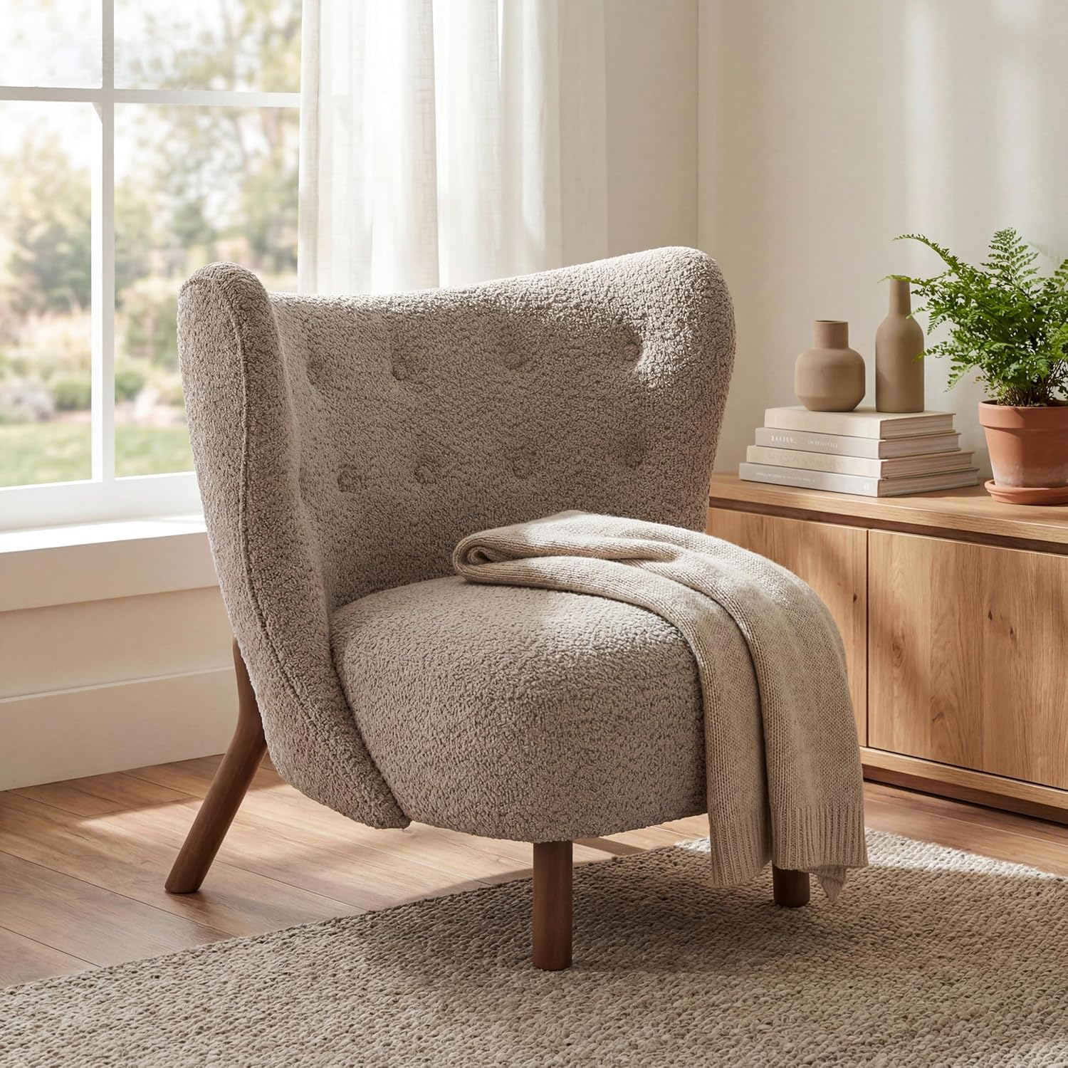 Christopher Knight Home Aurora Boucle Upholstered Wingback Accent Chair, Solid Wood Living Room Slipper Chair, Bedroom Comfy Reading Chair, Brown