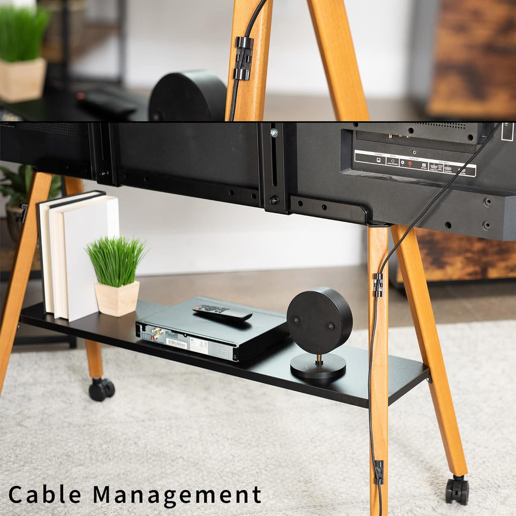 VIVO Rolling Artistic 43 to 75 inch LED LCD Screen Mobile Studio TV Easel Stand, Wood Accessory Shelf, Adjustable TV Mount with 4 Walnut Legs, Black Frame, STAND-TV75R