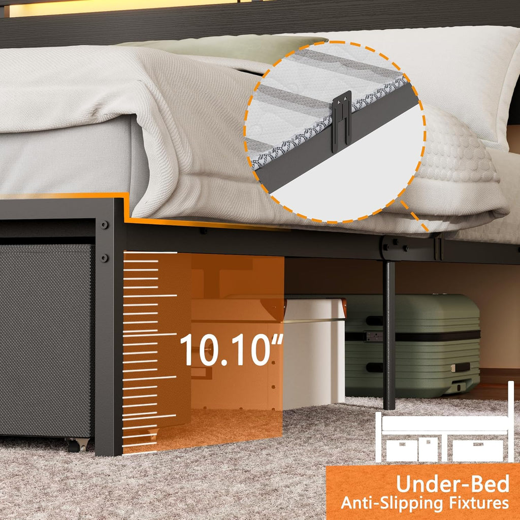 Forestell Queen Bed Frame with Wood Headboard, Black Platform Bed with 2 Storage Drawers & Shelf, Built-in Charging Station & LED Lights, Metal Support, No Box Spring Needed, Cama Queen Size