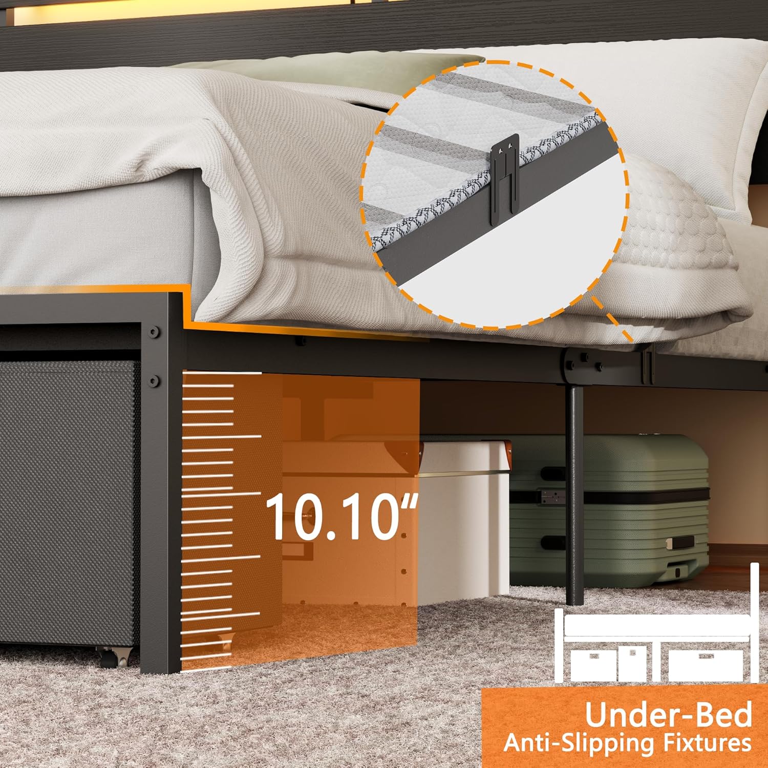 Forestell Queen Bed Frame with Wood Headboard, Black Platform Bed with 2 Storage Drawers & Shelf, Built-in Charging Station & LED Lights, Metal Support, No Box Spring Needed, Cama Queen Size