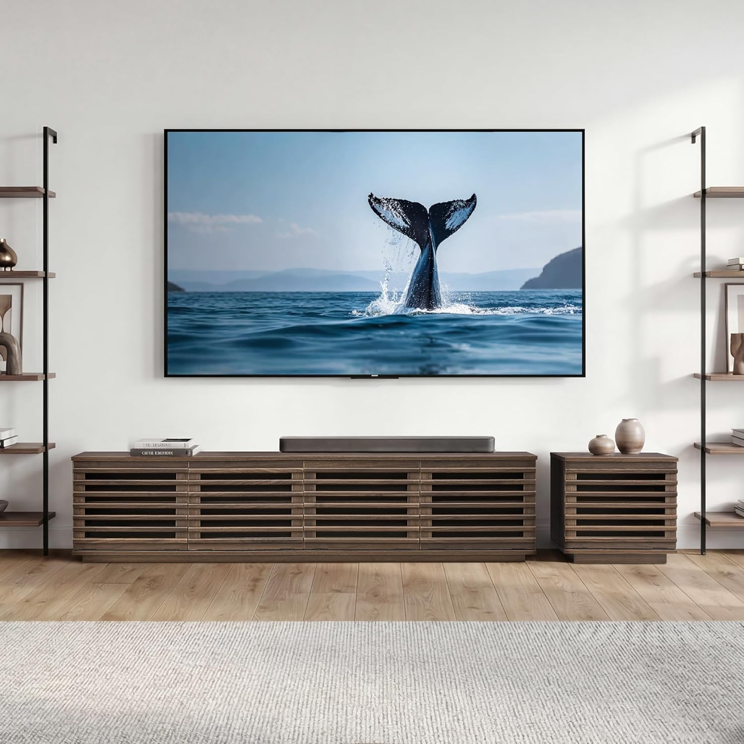 CHITA 70" Modern TV Stands with LED Light for TVs Up to 75 inches, Low Profile Entertainment Center with 4 Flip-Down Door & Fluted Details, TV Media Console for Living Room, Walnut