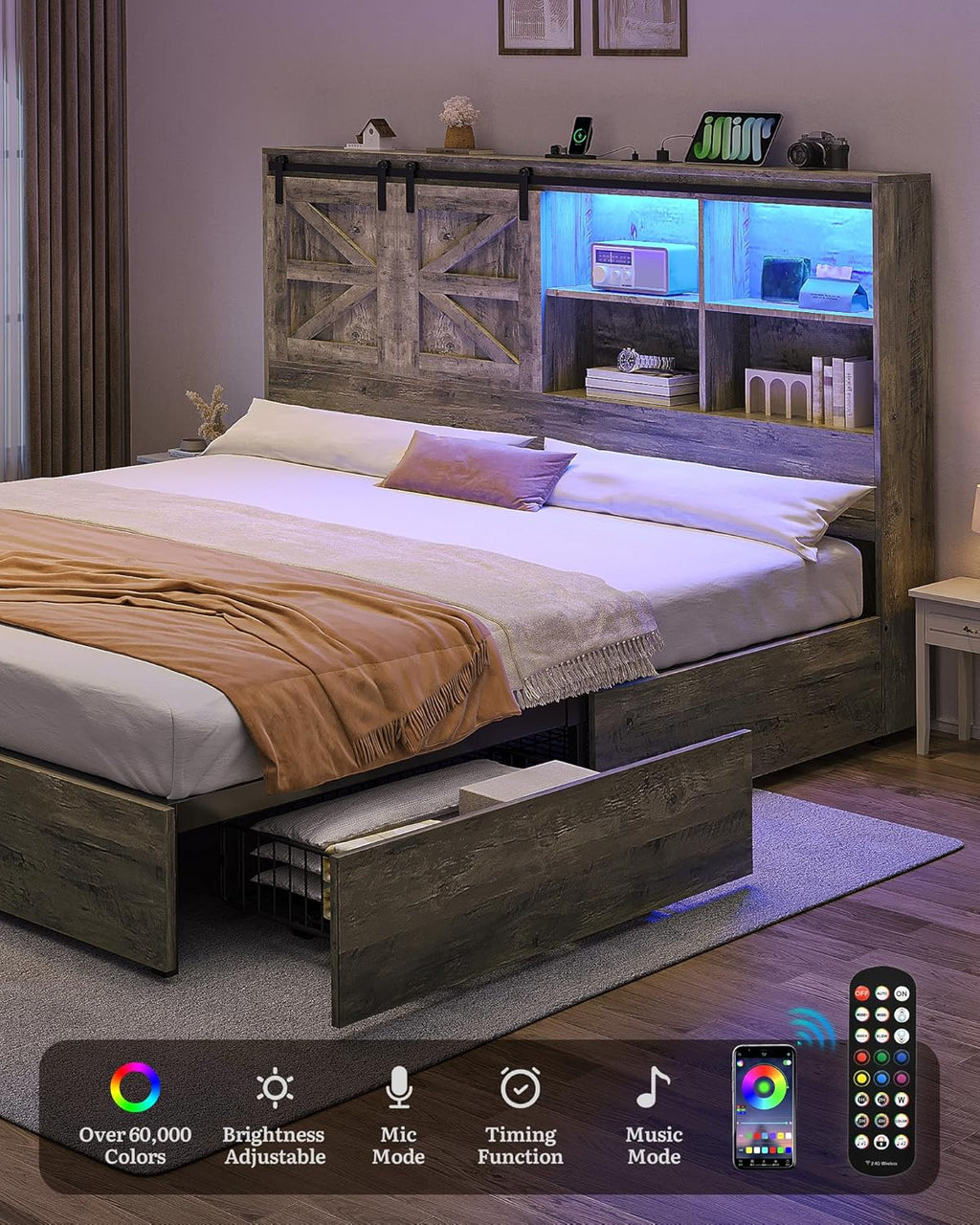 YITAHOME Farmhouse King Size Bed Frame with Storage Bookcase Headboard, Sliding Barn Door, 4 Storage Drawers, RGB LED Bed Frame with USB Charging Station, No Box Spring Needed, Cement Grey