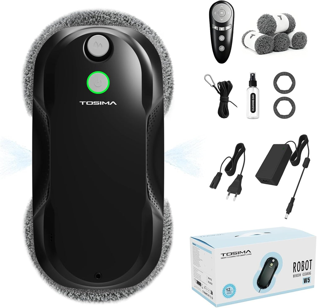 Tosima W5 Window Cleaning Robot, Dual Direction Auto-Spray Smart Window Cleaner with Triple Safety System, Smart Navigation, Remote Control, for All Smooth Surfaces, with 8 Rags, Black