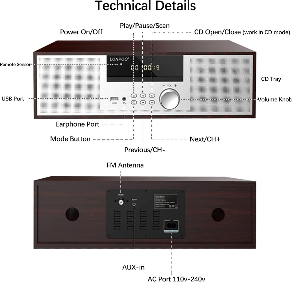 LONPOO Stereo Shelf System for Home, Vintage CD Player 40W RMS Micro Mini System with Remote Control, Bluetooth, FM Radio, USB MP3 Playback & Aux-in,Silver